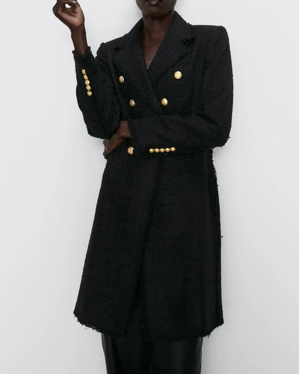 Zara Double Breasted Black Tweed Military Coat Gold Button Jacket Sz. S NWOT